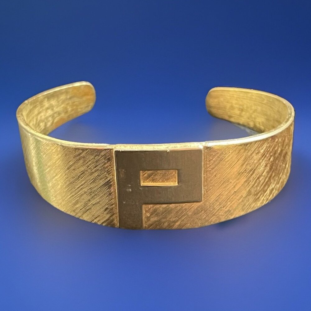 Vintage Brushed Gold-Tone Cuff Bracelet Monogram Letter P